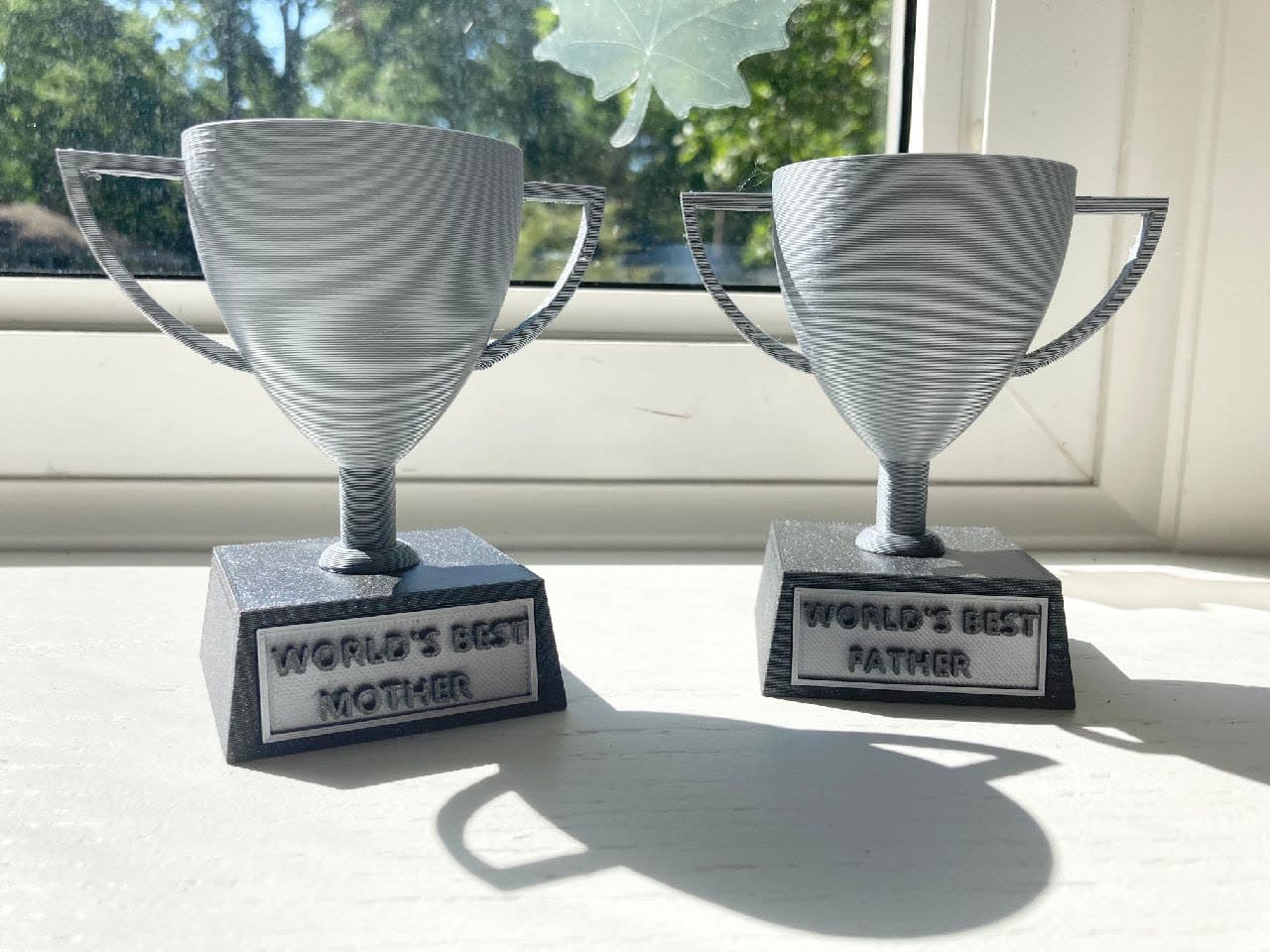 Two personalised trophies with engraved name plates.