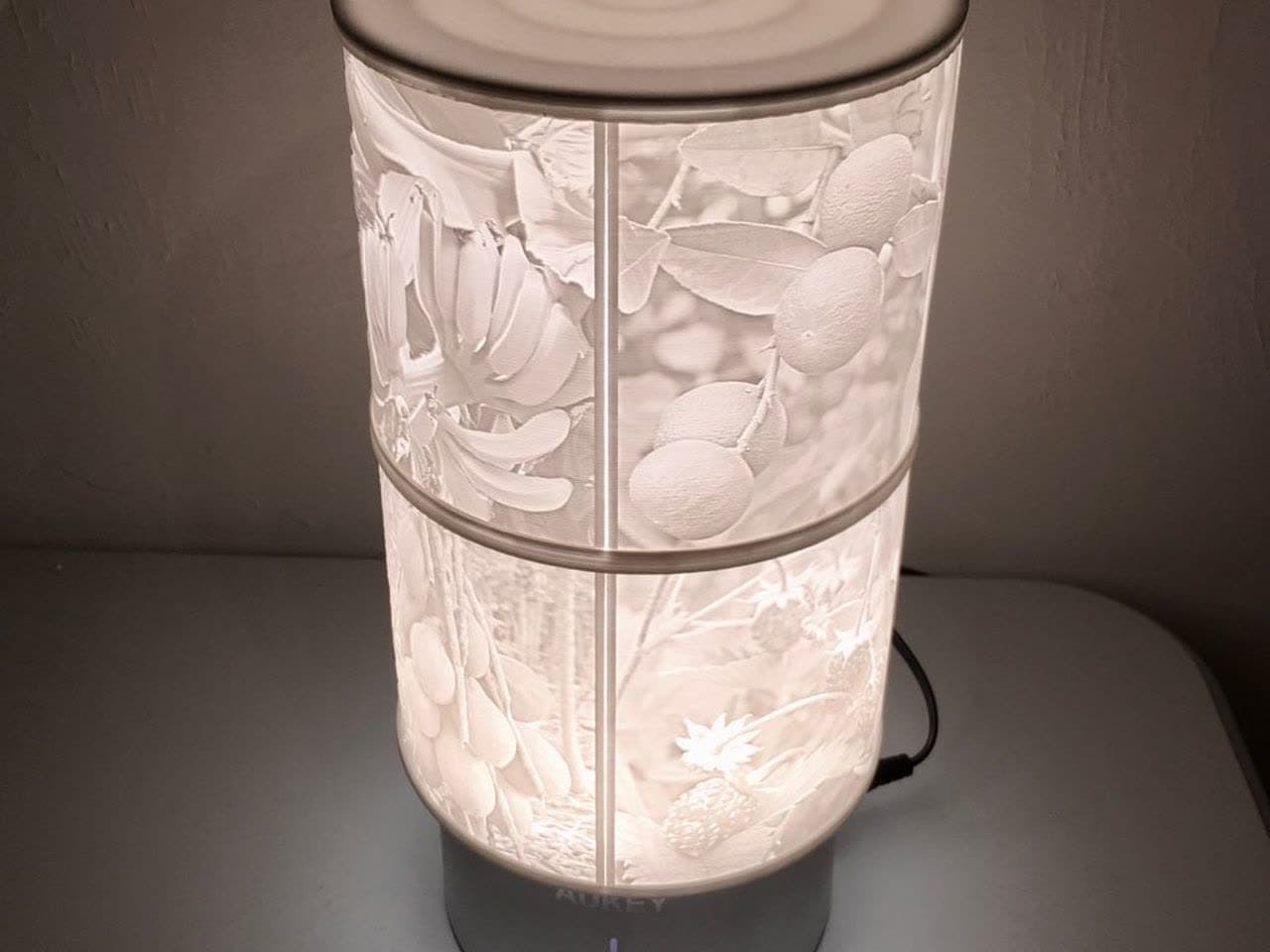 A lamp shade carrying a photograph, lit from within.